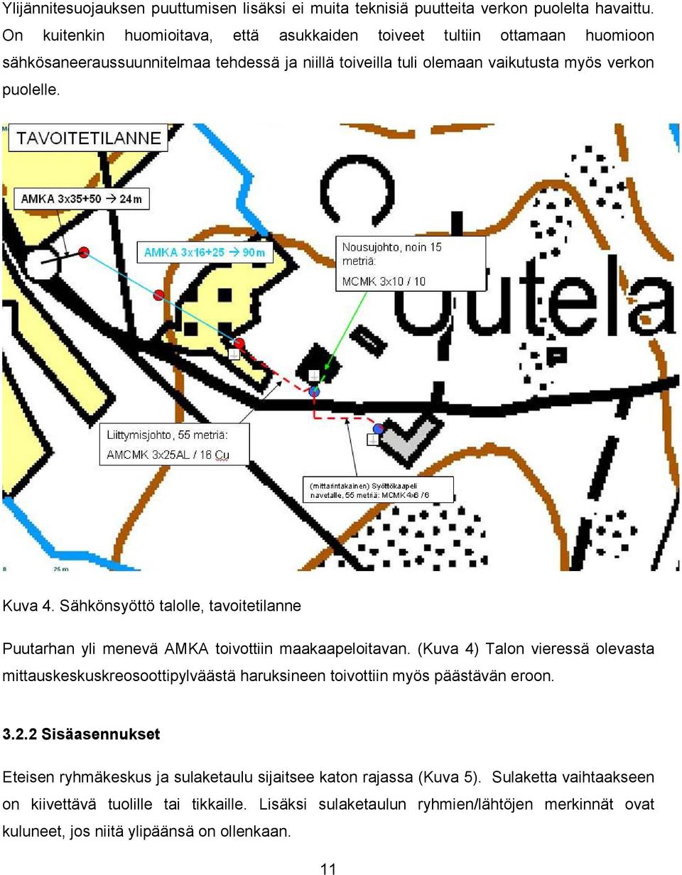 Kuva 4. Sähkönsyöttö talolle, tavoitetilanne Puutarhan yli menevä AMKA toivottiin maakaapeloitavan.