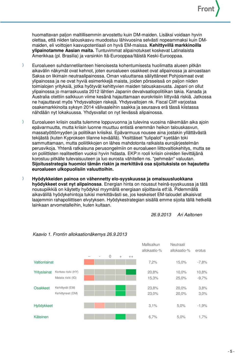 Kehittyvillä markkinoilla ylipainotamme Aasian maita. Tuntuvimmat alipainotukset koskevat Latinalaista Amerikkaa (pl. Brasilia) ja varsinkin Itä-Eurooppaa/Itäistä Keski-Eurooppaa.