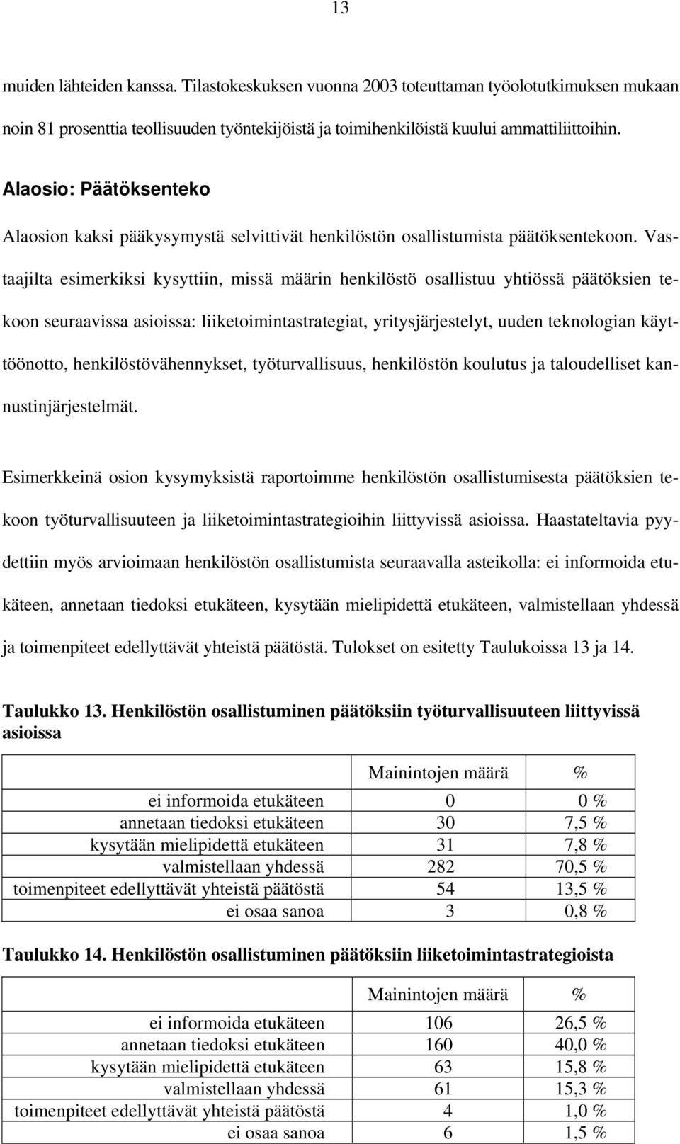 Vastaajilta esimerkiksi kysyttiin, missä määrin henkilöstö osallistuu yhtiössä päätöksien tekoon seuraavissa asioissa: liiketoimintastrategiat, yritysjärjestelyt, uuden teknologian käyttöönotto,