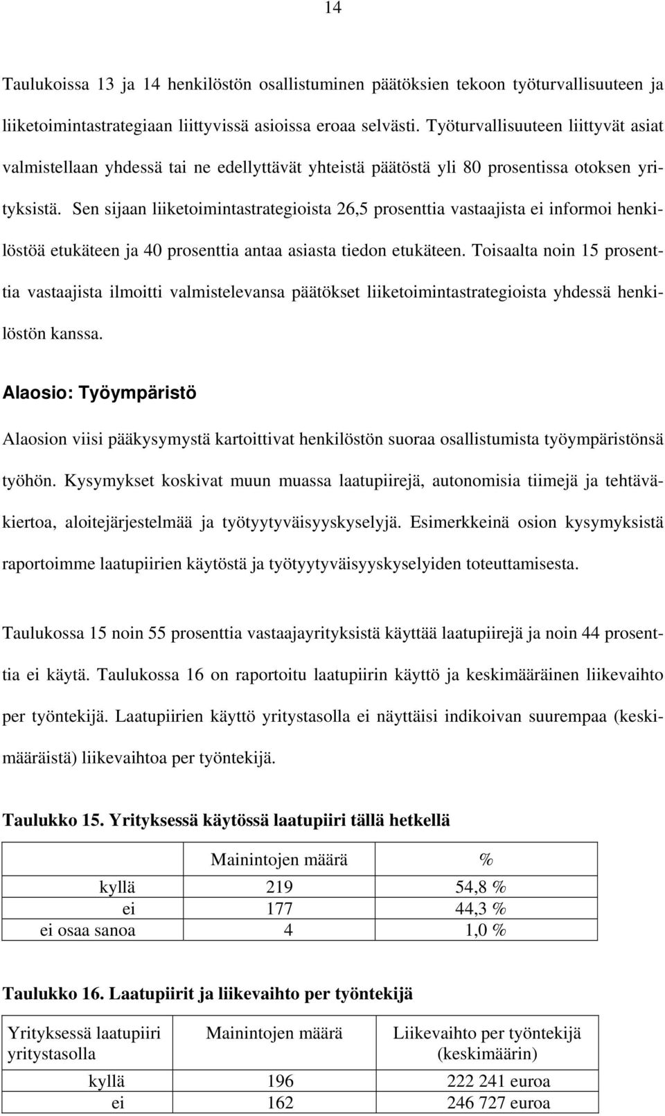 Sen sijaan liiketoimintastrategioista 26,5 prosenttia vastaajista ei informoi henkilöstöä etukäteen ja 40 prosenttia antaa asiasta tiedon etukäteen.