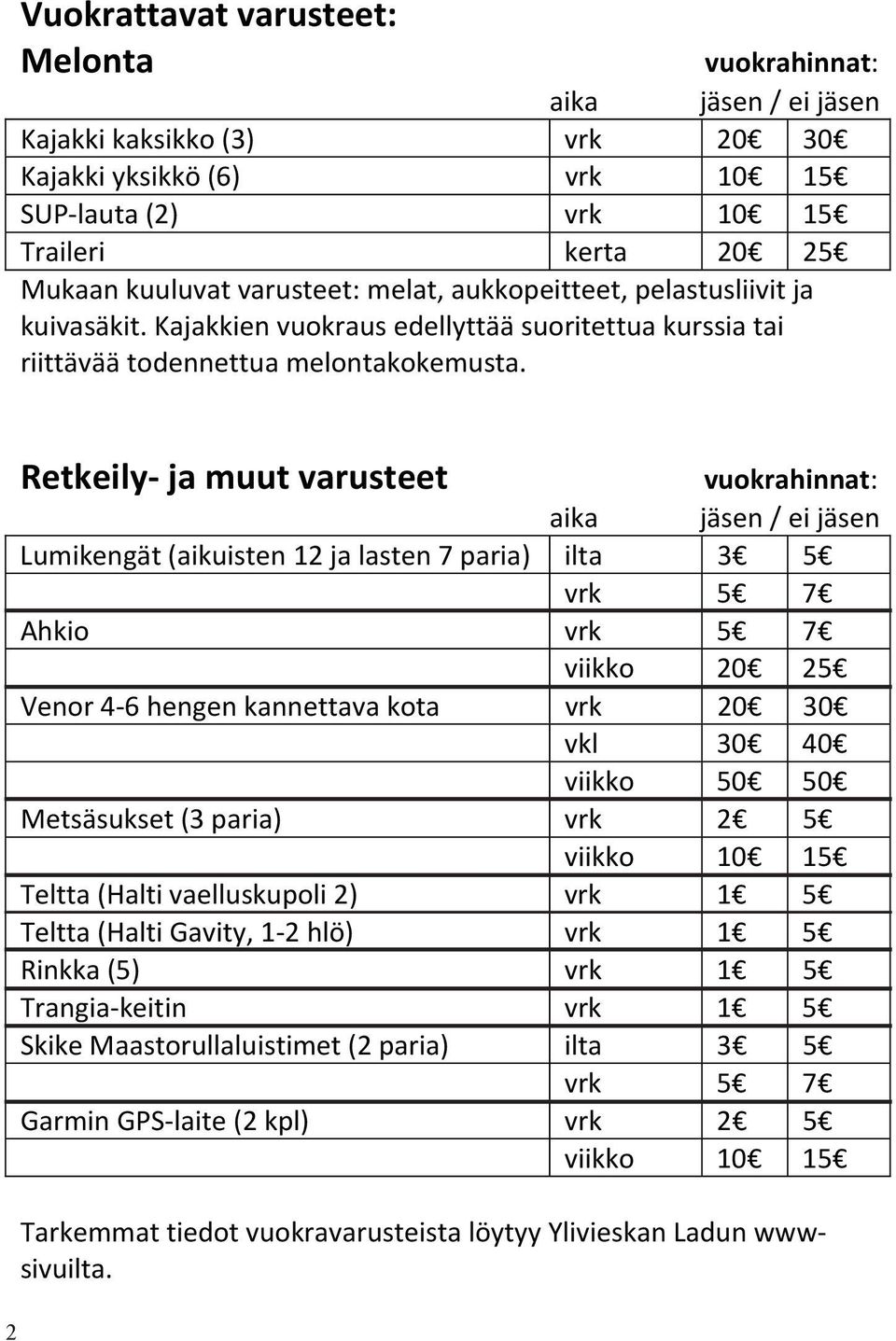 2 Retkeily- ja muut varusteet vuokrahinnat: aika jäsen / ei jäsen Lumikengät (aikuisten 12 ja lasten 7 paria) ilta 3 5 vrk 5 7 Ahkio vrk 5 7 viikko 20 25 Venor 4-6 hengen kannettava kota vrk 20 30