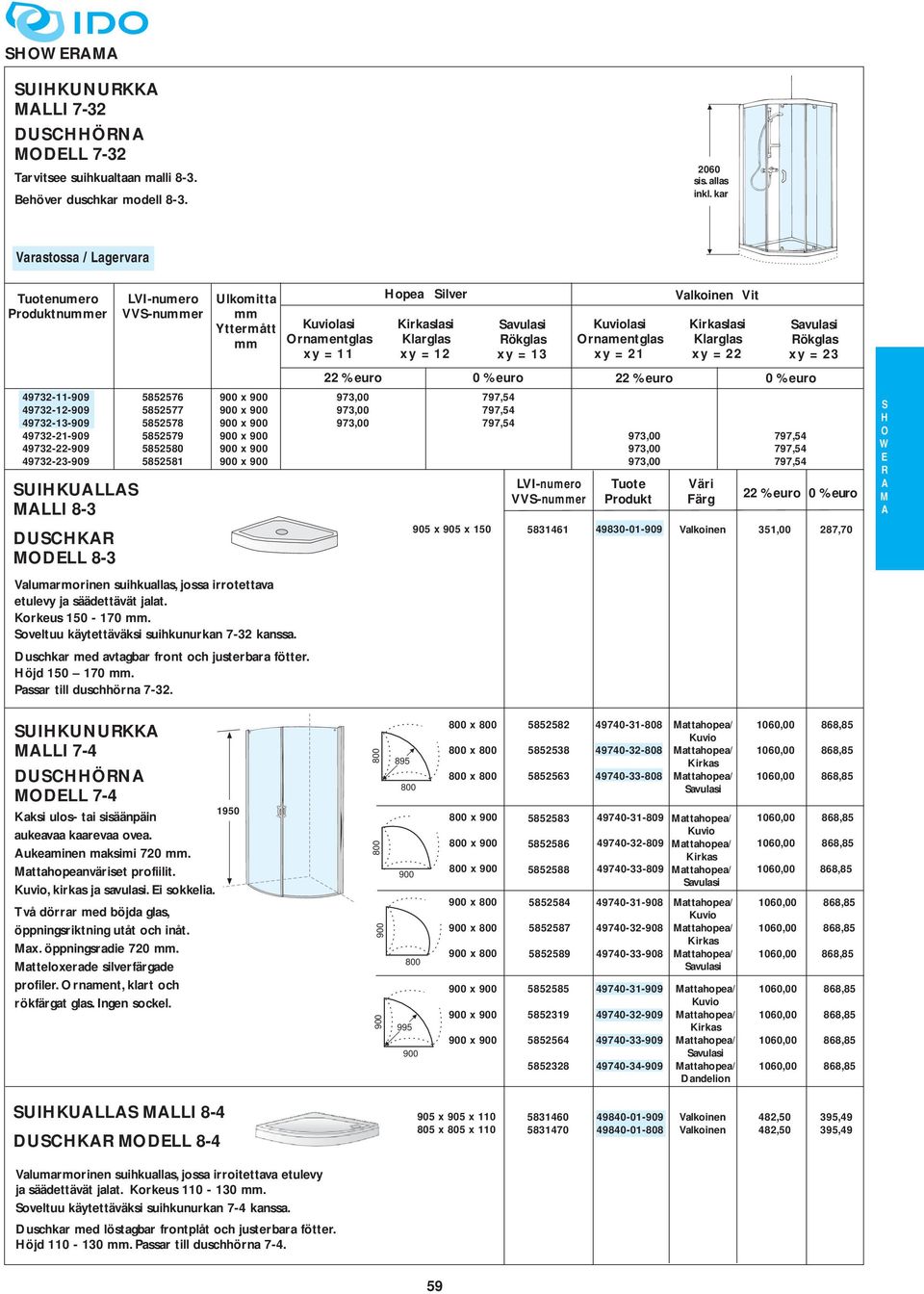 käytettäväksi suihkunurkan 7-32 kanssa Duschkar med avtagbar front och justerbara fötter öjd 150 170 Passar till duschhörna 7-32 xy = 11 opea ilver xy = 12 xy = 13 VV-nuer xy = 21 Valkoinen Vit xy =