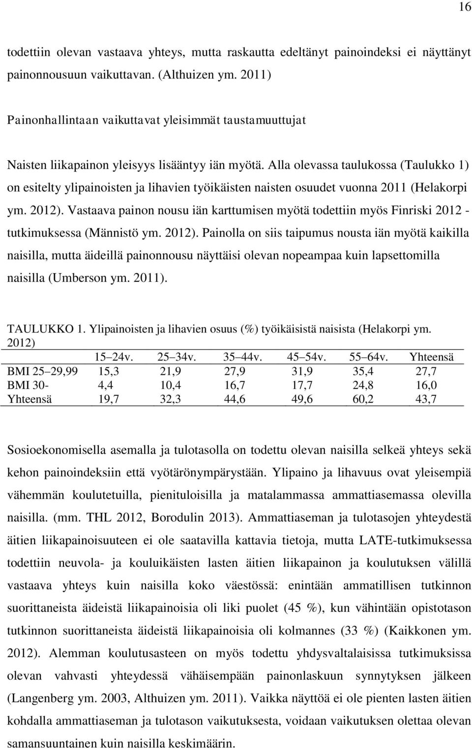 Alla olevassa taulukossa (Taulukko 1) on esitelty ylipainoisten ja lihavien työikäisten naisten osuudet vuonna 2011 (Helakorpi ym. 2012).