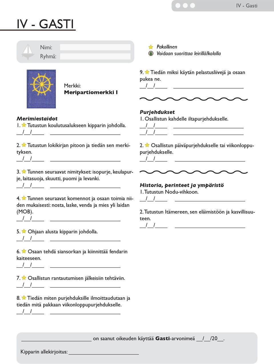 Tunnen seuraavat komennot ja osaan toimia niiden mukaisesti: nosta, laske, venda ja mies yli laidan (MOB). 5. Ohjaan alusta kipparin johdolla. Purjehdukset 1. Osallistun kahdelle iltapurjehdukselle.