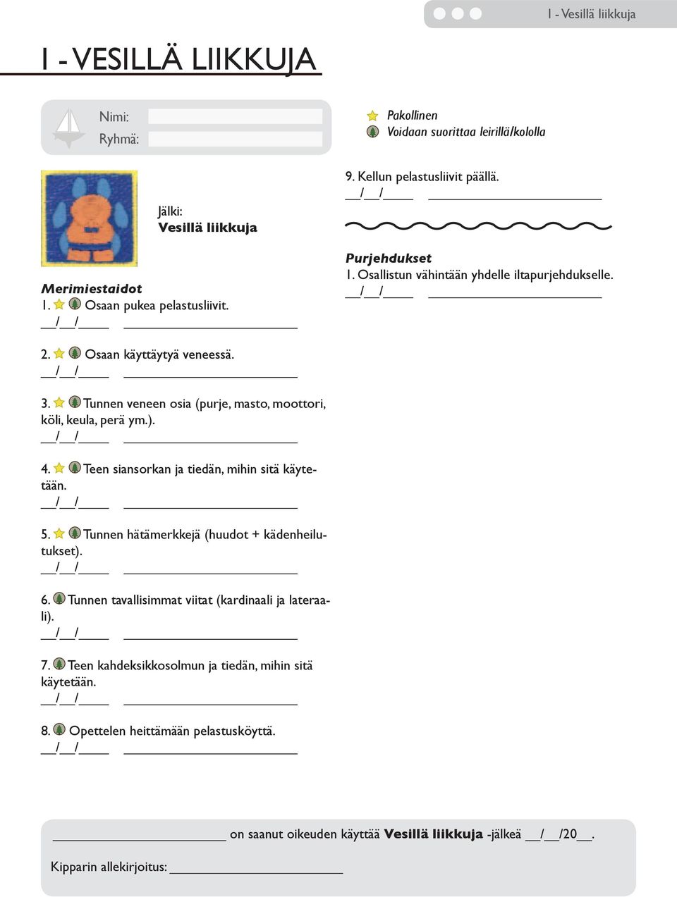 Tunnen veneen osia (purje, masto, moottori, köli, keula, perä ym.). 4. Teen siansorkan ja tiedän, mihin sitä käytetään. 5. Tunnen hätämerkkejä (huudot + kädenheilutukset). 6.