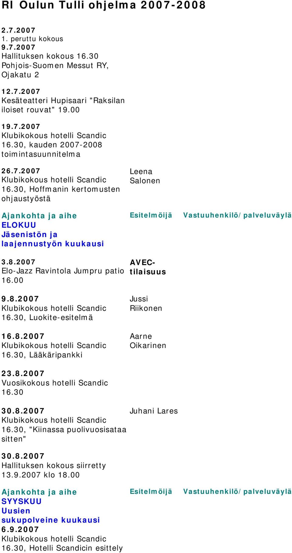 00 AVECtilaisuus 9.8.2007 16.30, Luokite-esitelmä 16.8.2007 16.30, Lääkäripankki Jussi Riikonen Aarne Oikarinen 23.8.2007 Vuosikokous hotelli Scandic 16.30 30.8.2007 Juhani Lares 16.