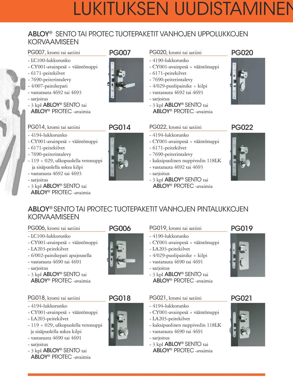 118LK PG022 ABLOY SENTO TAI PROTEC TUOTEPAKETIT VANHOJEN PINTALUKKOJEN KORVAAMISEEN PG006, kromi tai satiini - LC100-lukkorunko - 6/002-painikepari apujousella PG006 PG019, kromi tai satiini -