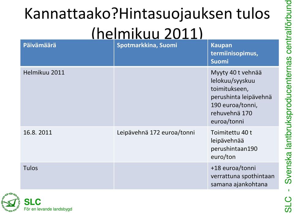 Suomi Helmikuu 2011 Myyty 40 t vehnää lelokuu/syyskuu toimitukseen, perushinta leipävehnä 190