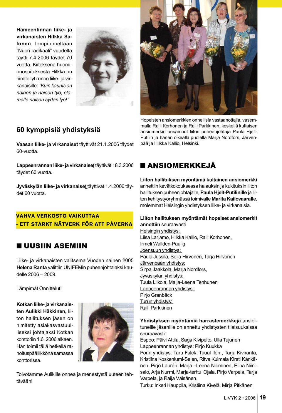 60 kymppisiä yhdistyksiä Vaasan liike- ja virkanaiset täyttivät 21.1.2006 täydet 60-vuotta. Lappeenrannan liike- ja virkanaiset täyttivät 18.3.2006 täydet 60 vuotta.