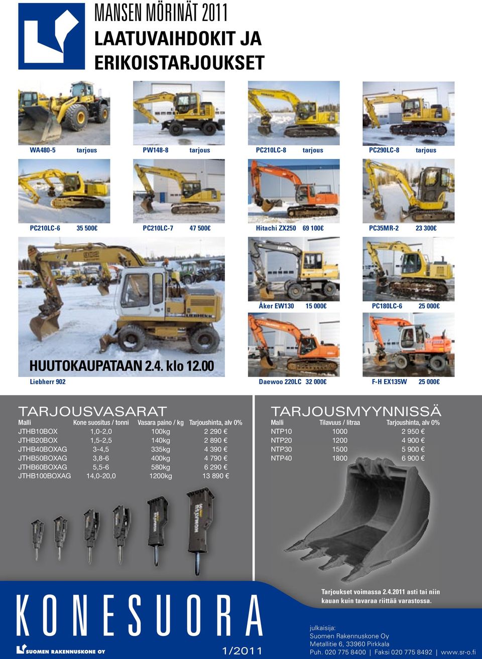 00 Liebherr 902 Daewoo 220LC 32 000 F-H EX135W 25 000 TARJOUSVASARAT Malli Kone suositus / tonni Vasara paino / kg Tarjoushinta, alv 0% JTHB10BOX 1,0-2,0 100kg 2 290 JTHB20BOX 1,5-2,5 140kg 2 890