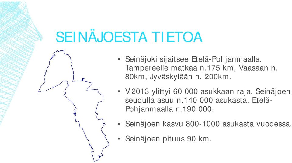 Seinäjoen seudulla asuu n.140 000 asukasta. Etelä- Pohjanmaalla n.190 000.