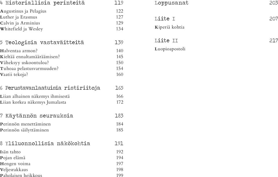 160 Loppusanat 203 Liite I 207 Kiperiä kohtia Liite II 217 Luopioapostoli 6 Perustavanlaatuisia ristiriitoja 165 Liian alhainen näkemys ihmisestä 166 Liian korkea