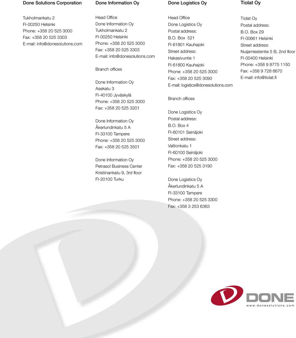 com Branch offices Done Information Oy Asekatu 3 FI-40100 Jyväskylä Phone: +358 20 525 3000 Fax: +358 20 525 3201 Head Office Done Logistics Oy Postal address: B.O. Box 521 FI-61801 Kauhajoki Street address: Hakasivuntie 1 FI-61800 Kauhajoki Phone: +358 20 525 3000 Fax: +358 20 525 3090 E-mail: logistics@donesolutions.