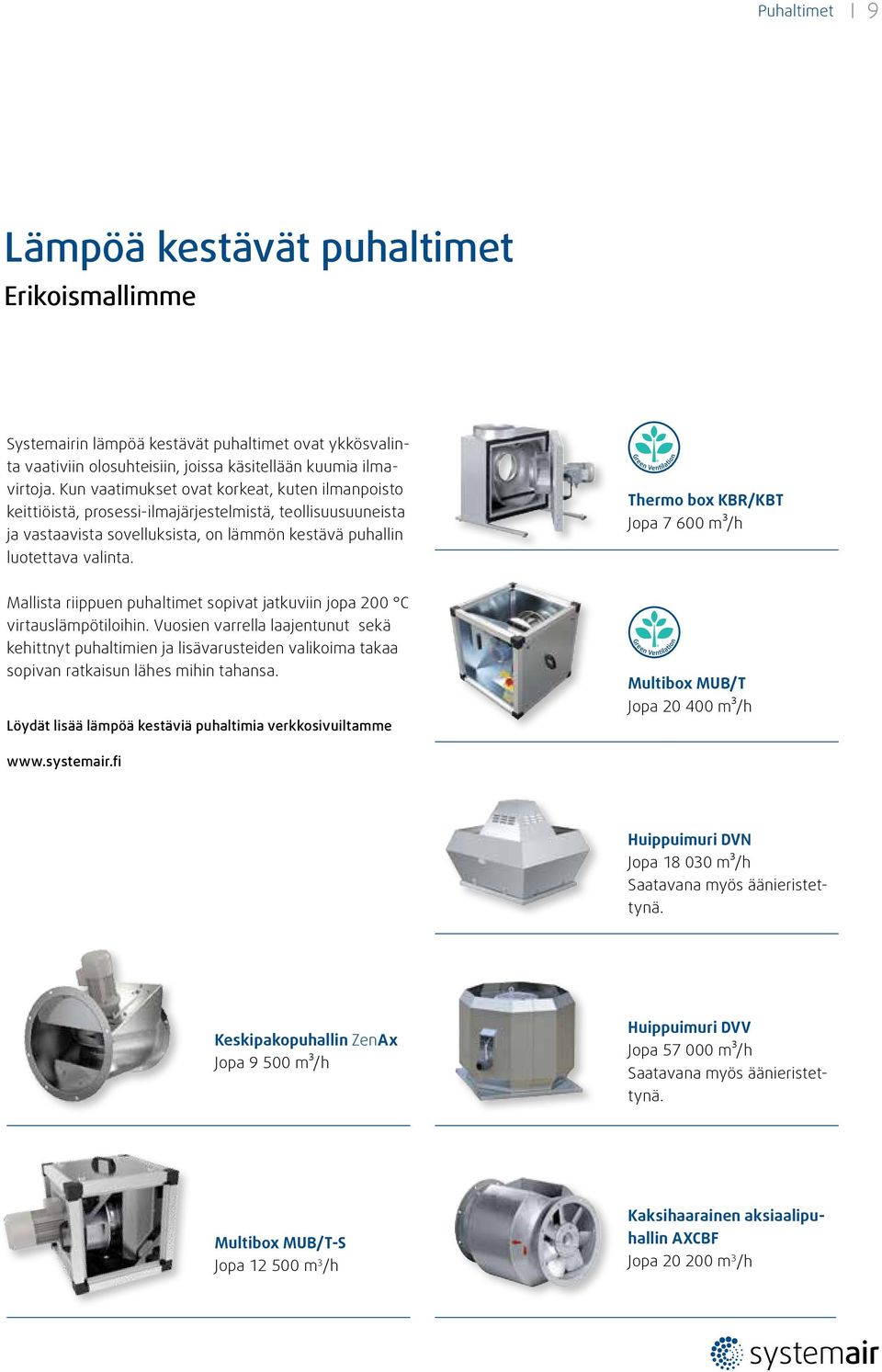 Thermo box KBR/KBT Jopa 7 600 m³/h Mallista riippuen puhaltimet sopivat jatkuviin jopa 200 C virtauslämpötiloihin.