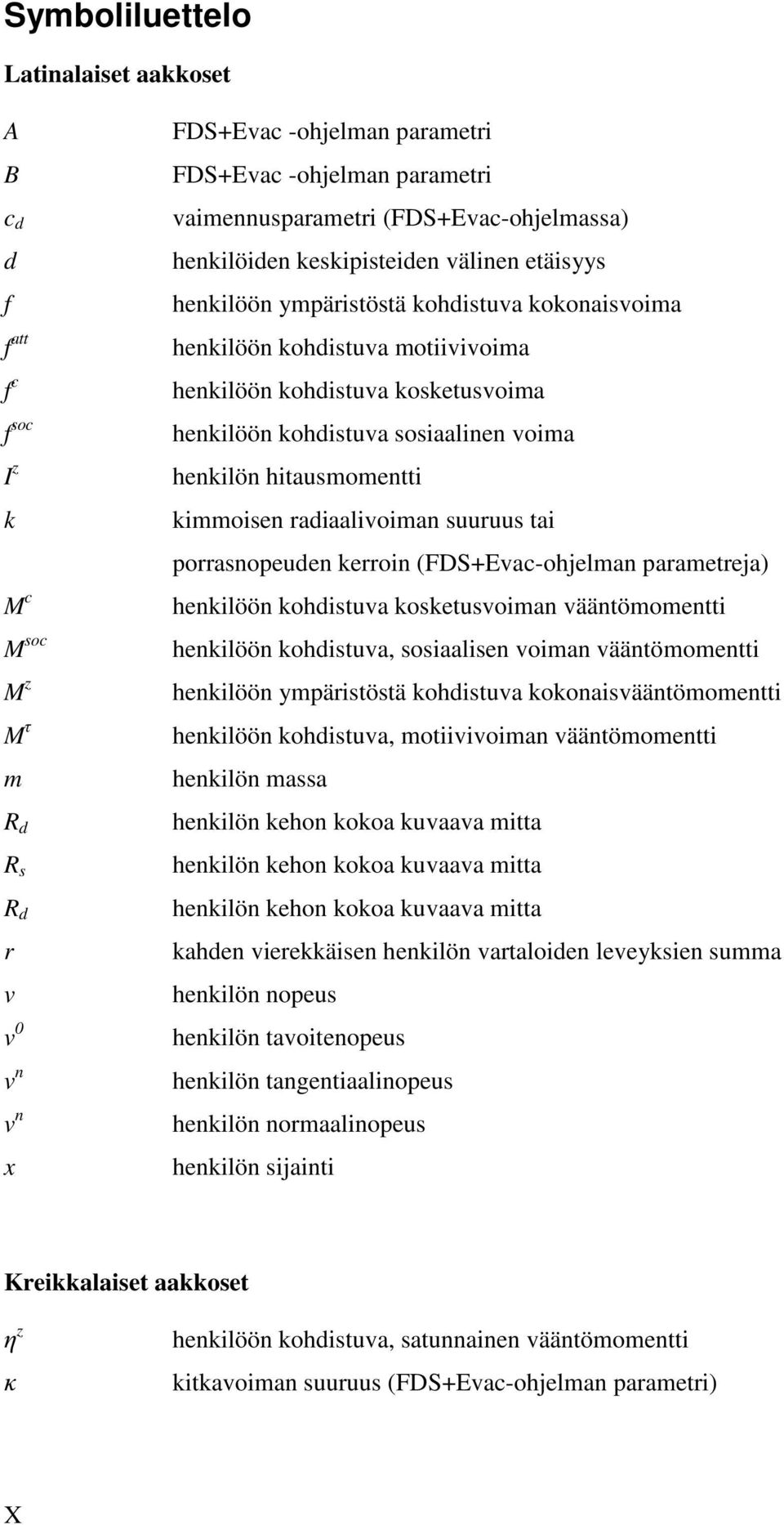 kohdistuva sosiaalinen voima henkilön hitausmomentti kimmoisen radiaalivoiman suuruus tai porrasnopeuden kerroin (FDS+Evac-ohjelman parametreja) henkilöön kohdistuva kosketusvoiman vääntömomentti