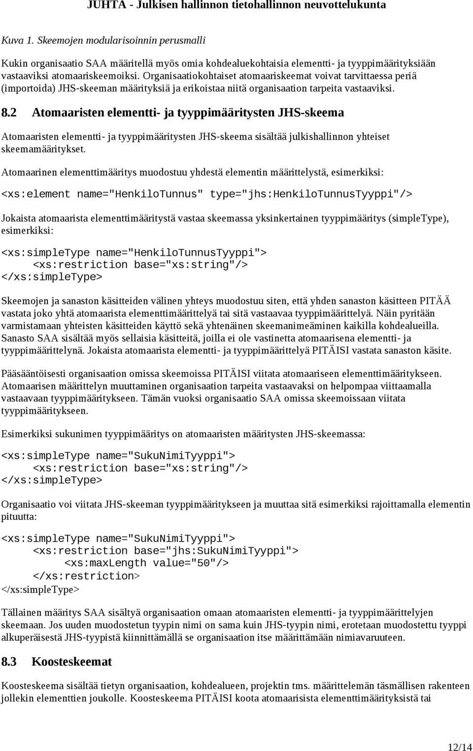 2 Atomaaristen elementti- ja tyyppimääritysten JHS-skeema Atomaaristen elementti- ja tyyppimääritysten JHS-skeema sisältää julkishallinnon yhteiset skeemamääritykset.