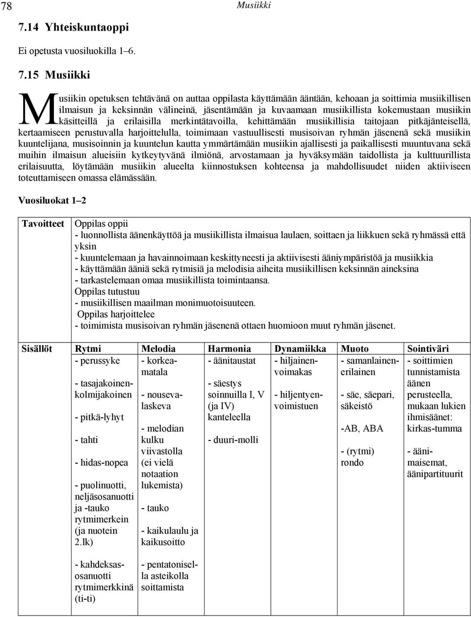 kokemustaan musiikin käsitteillä ja erilaisilla merkintätavoilla, kehittämään musiikillisia taitojaan pitkäjänteisellä, kertaamiseen perustuvalla harjoittelulla, toimimaan vastuullisesti musisoivan