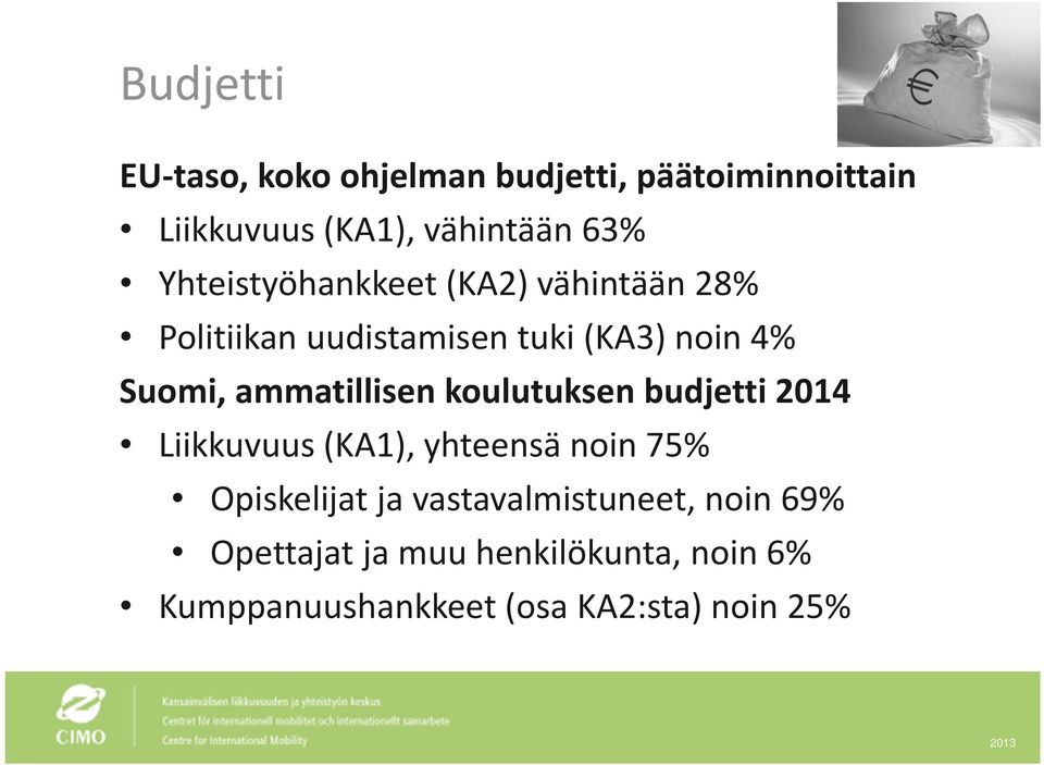 ammatillisen koulutuksen budjetti 2014 Liikkuvuus (KA1), yhteensä noin 75% Opiskelijat ja