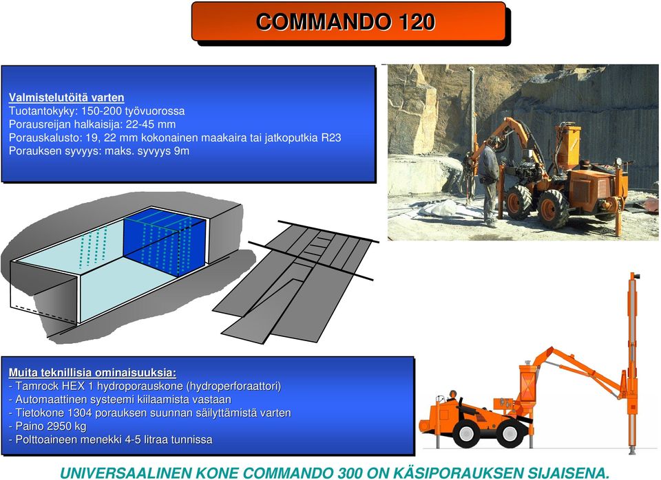 syvyys 9m Muita teknillisia ominaisuuksia: - Tamrock HEX 1 hydroporauskone (hydroperforaattori) - Automaattinen systeemi