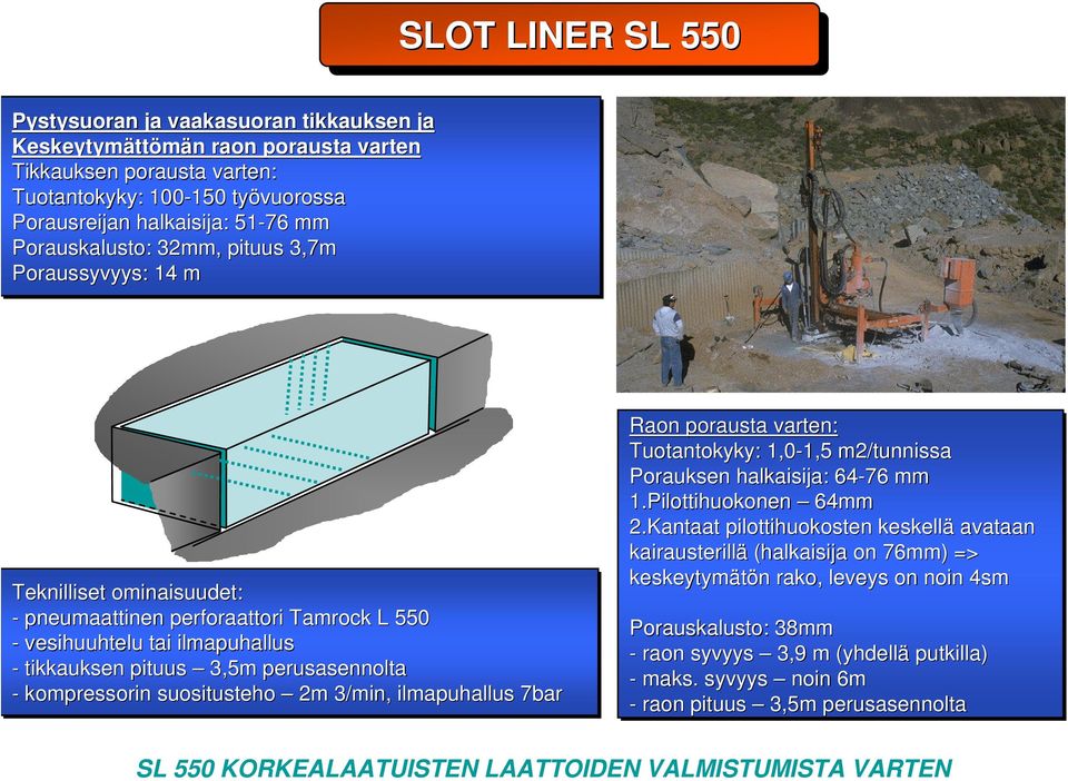 perusasennolta - kompressorin suositusteho 2m 3/min, ilmapuhallus 7bar Raon porausta varten: Tuotantokyky: 1,0-1,5 1,5 m2/tunnissa Porauksen halkaisija: 64-76 mm 1.Pilottihuokonen 64mm 2.