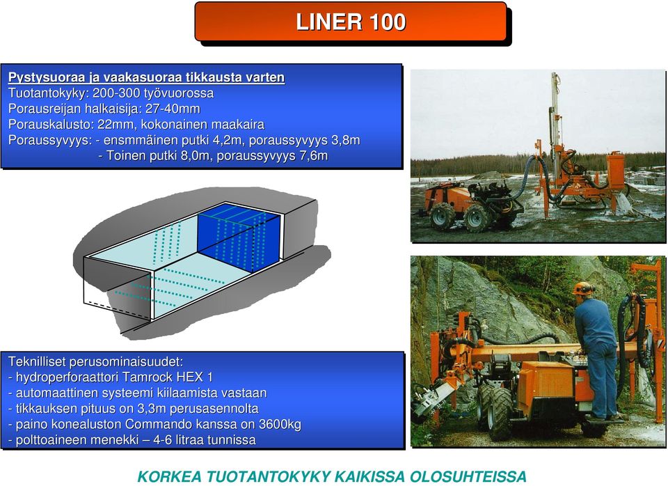 perusominaisuudet: - hydroperforaattori Tamrock HEX 1 - automaattinen systeemi kiilaamista vastaan - tikkauksen pituus on 3,3m