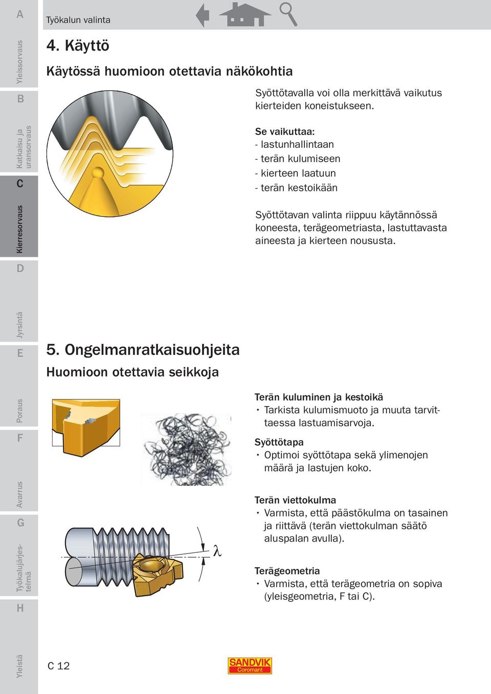 kierteen noususta. 5. Ongelmanratkaisuohjeita uomioon otettavia seikkoja λ Terän kuluminen ja kestoikä Tarkista kulumismuoto ja muuta tarvittaessa lastuamisarvoja.