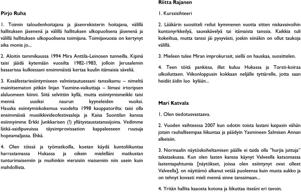 Toimijavuosia on kertynyt aika monia jo... 2. Aloitin tammikuussa 1994 Mira Anttila-Leinosen tunneilla.