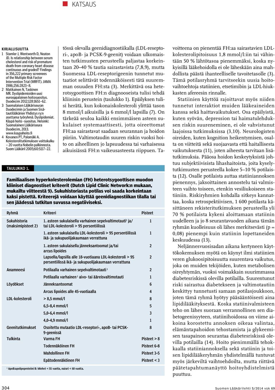 Duodecim 2012;128:1651 62. 3 Suomalaisen Lääkäriseuran Duodecimin ja Suomen Sisätautilääkärien Yhdistys ry:n asettama työryhmä. Dyslipidemiat. Käypä hoito -suositus.