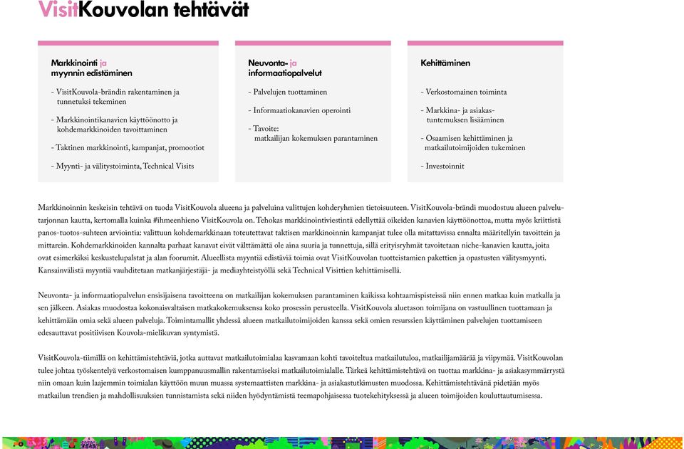 matkailijan kokemuksen parantaminen Kehittäminen - Verkostomainen toiminta - Markkina- ja asiakastuntemuksen lisääminen - Osaamisen kehittäminen ja matkailutoimijoiden tukeminen - Investoinnit