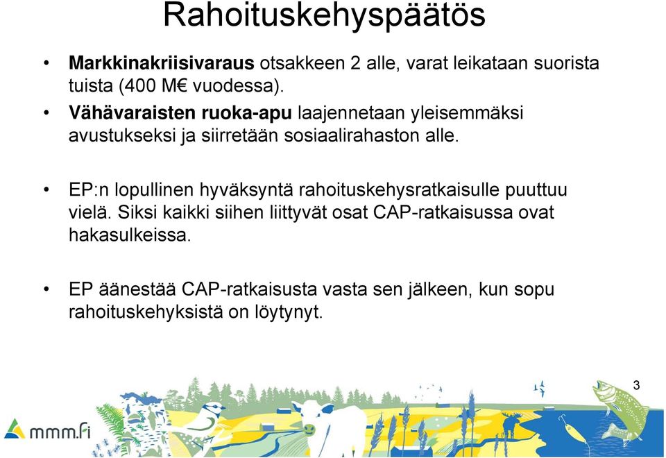 EP:n lopullinen hyväksyntä rahoituskehysratkaisulle puuttuu vielä.