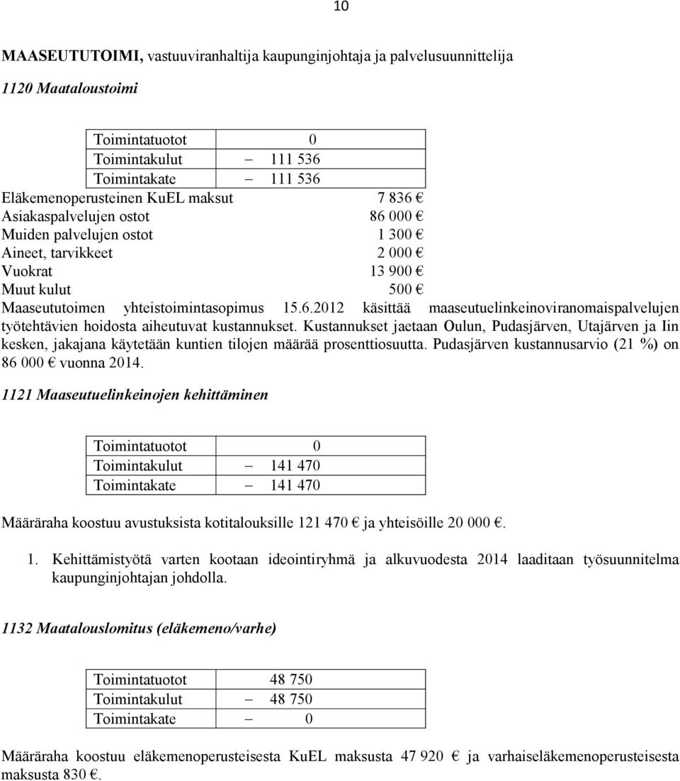 Kustannukset jaetaan Oulun, Pudasjärven, Utajärven ja Iin kesken, jakajana käytetään kuntien tilojen määrää prosenttiosuutta. Pudasjärven kustannusarvio (21 %) on 86 000 vuonna 2014.