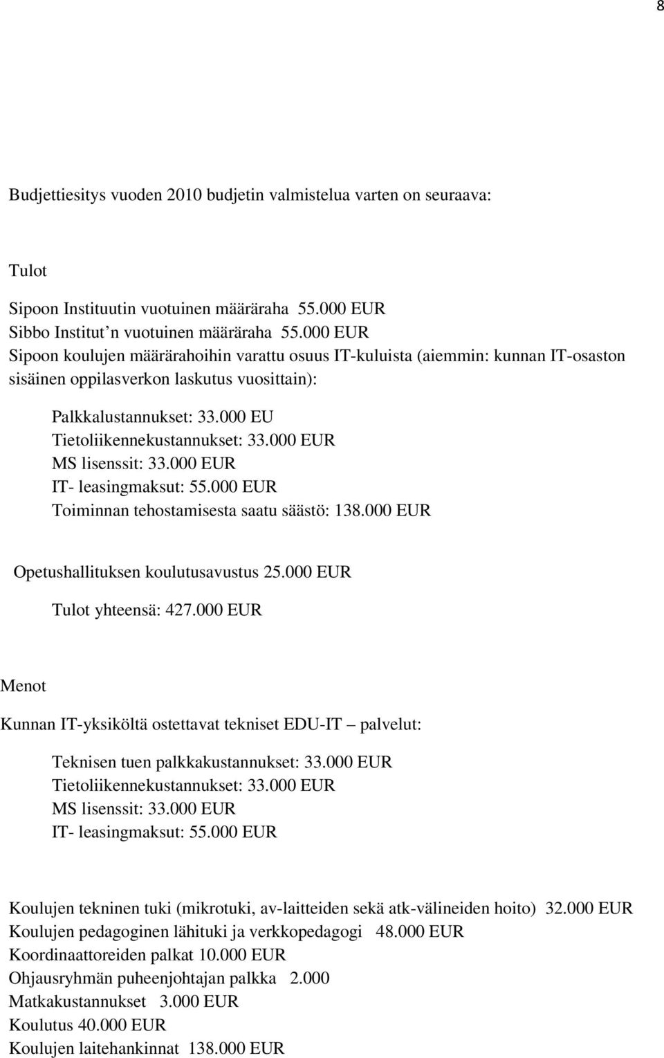 000 EUR MS lisenssit: 33.000 EUR IT- leasingmaksut: 55.000 EUR Toiminnan tehostamisesta saatu säästö: 138.000 EUR Opetushallituksen koulutusavustus 25.000 EUR Tulot yhteensä: 427.