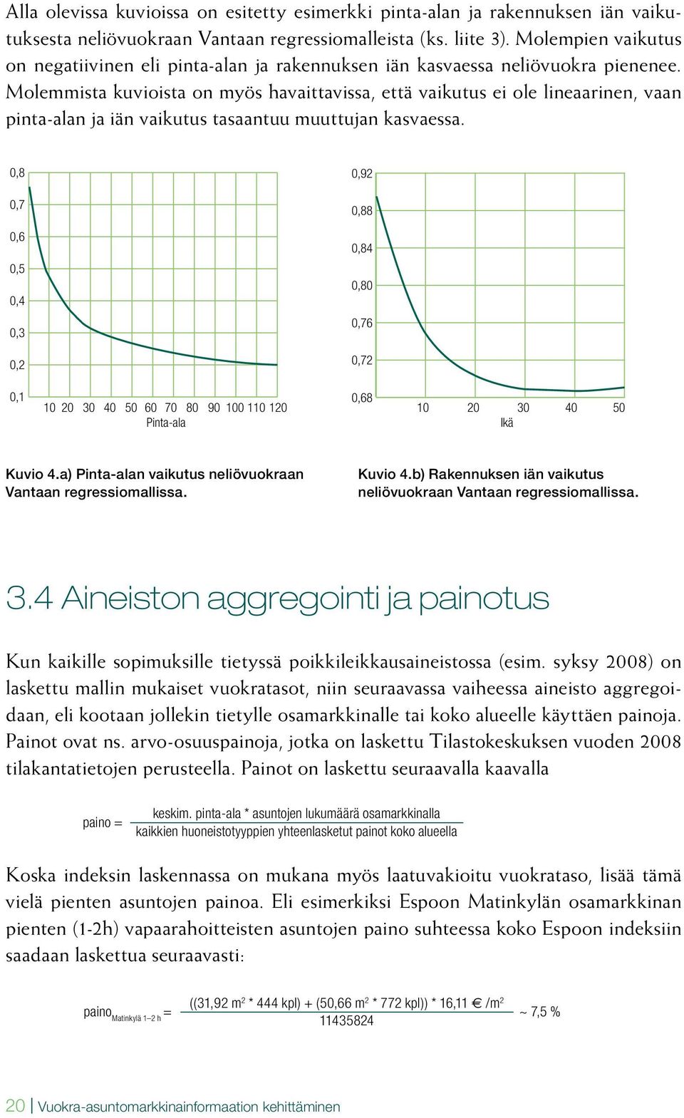 Molemmista kuvioista on myös havaittavissa, että vaikutus ei ole lineaarinen, vaan pinta-alan ja iän vaikutus tasaantuu muuttujan kasvaessa.