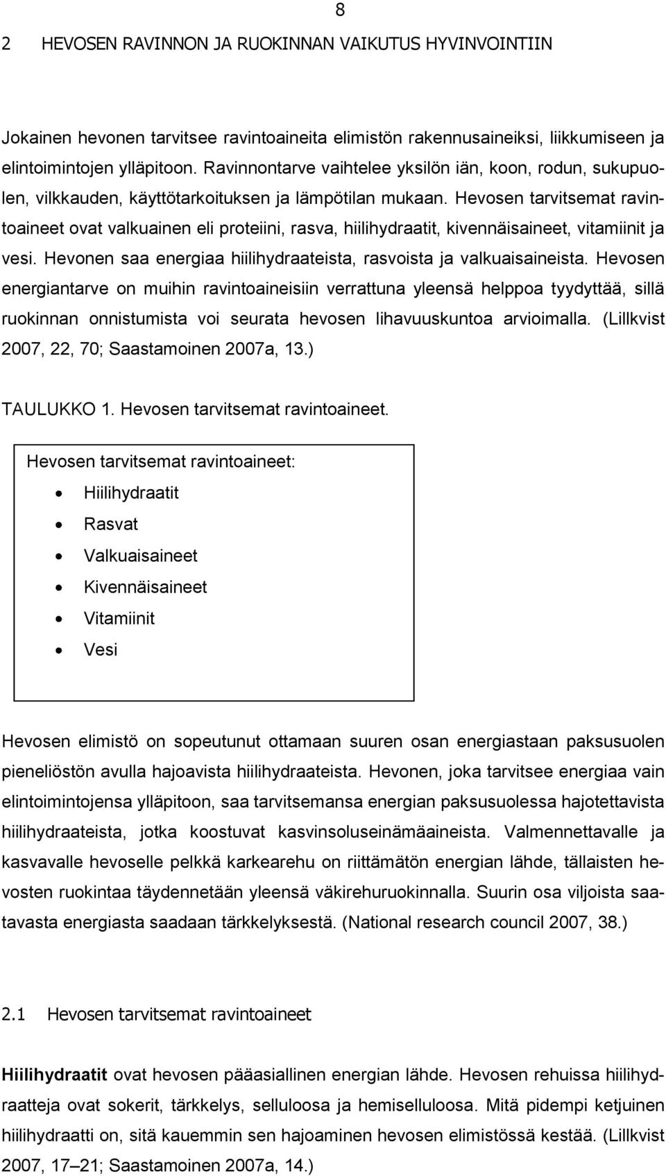 Hevosen tarvitsemat ravintoaineet ovat valkuainen eli proteiini, rasva, hiilihydraatit, kivennäisaineet, vitamiinit ja vesi. Hevonen saa energiaa hiilihydraateista, rasvoista ja valkuaisaineista.