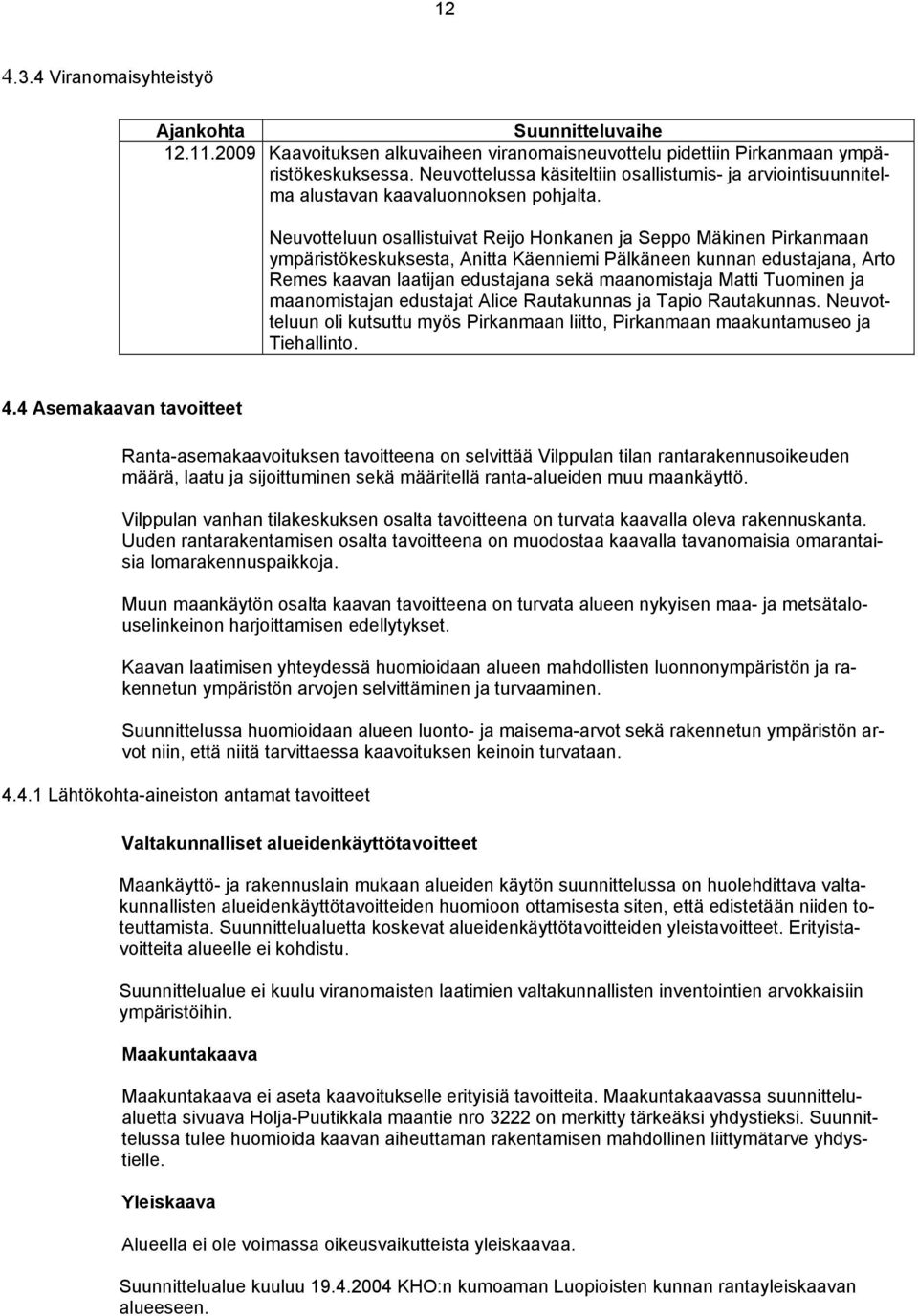 Neuvotteluun osallistuivat Reijo Honkanen ja Seppo Mäkinen Pirkanmaan ympäristökeskuksesta, Anitta Käenniemi Pälkäneen kunnan edustajana, Arto Remes kaavan laatijan edustajana sekä maanomistaja Matti