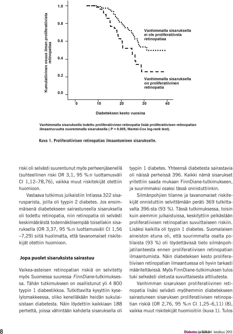 proliferatiivinen retinopatia lisää proliferatiivisen retinopatian ilmaantuvuutta nuoremmalla sisaruksella ( P = 0.005, Mantel-Cox log-rank test).