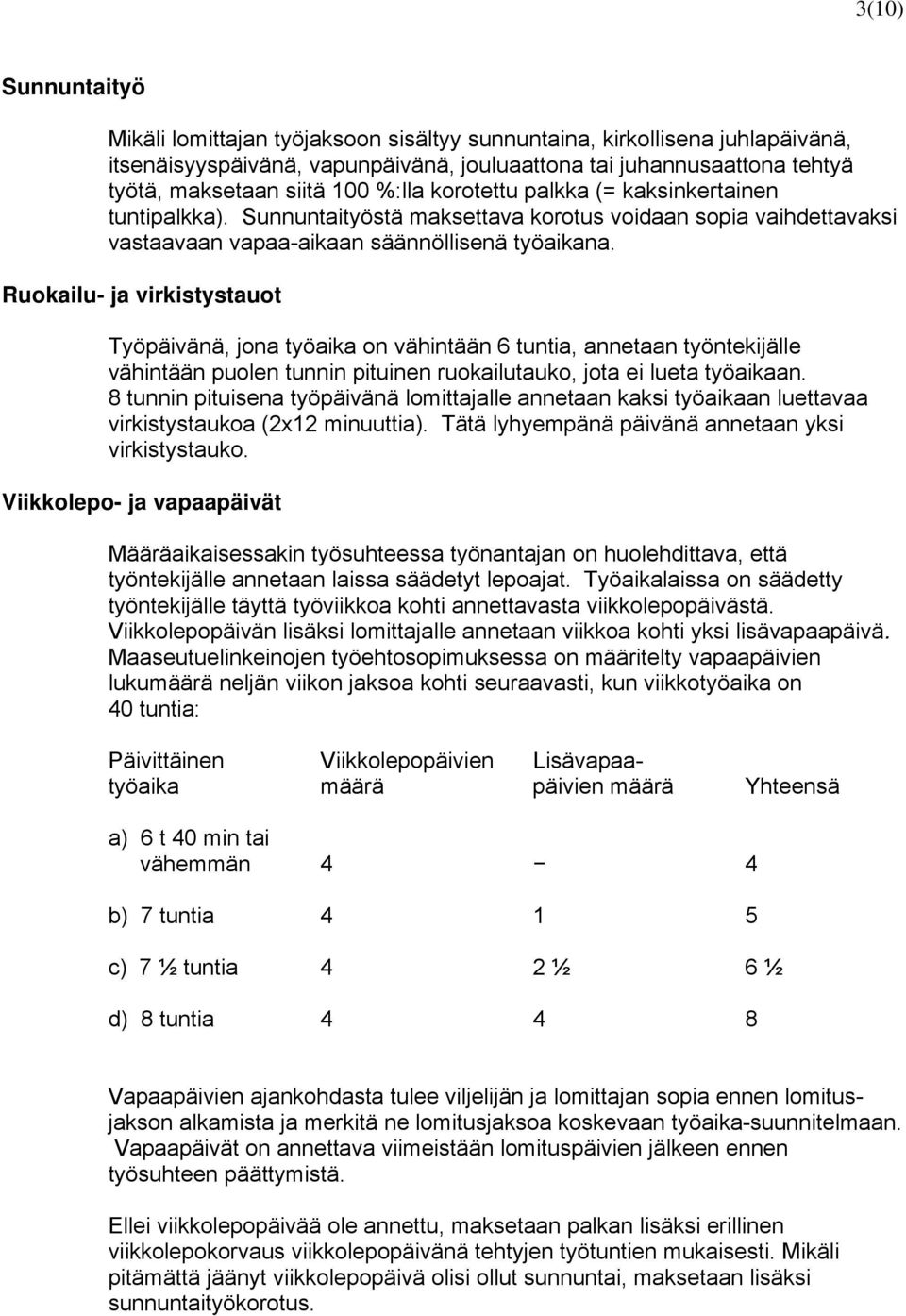 Ruokailu- ja virkistystauot Työpäivänä, jona työaika on vähintään 6 tuntia, annetaan työntekijälle vähintään puolen tunnin pituinen ruokailutauko, jota ei lueta työaikaan.