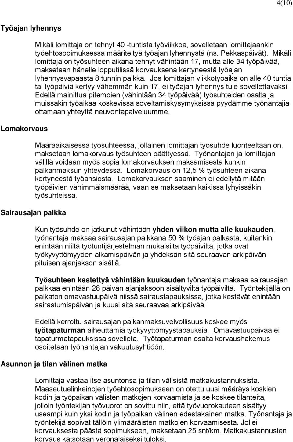 Jos lomittajan viikkotyöaika on alle 40 tuntia tai työpäiviä kertyy vähemmän kuin 17, ei työajan lyhennys tule sovellettavaksi.