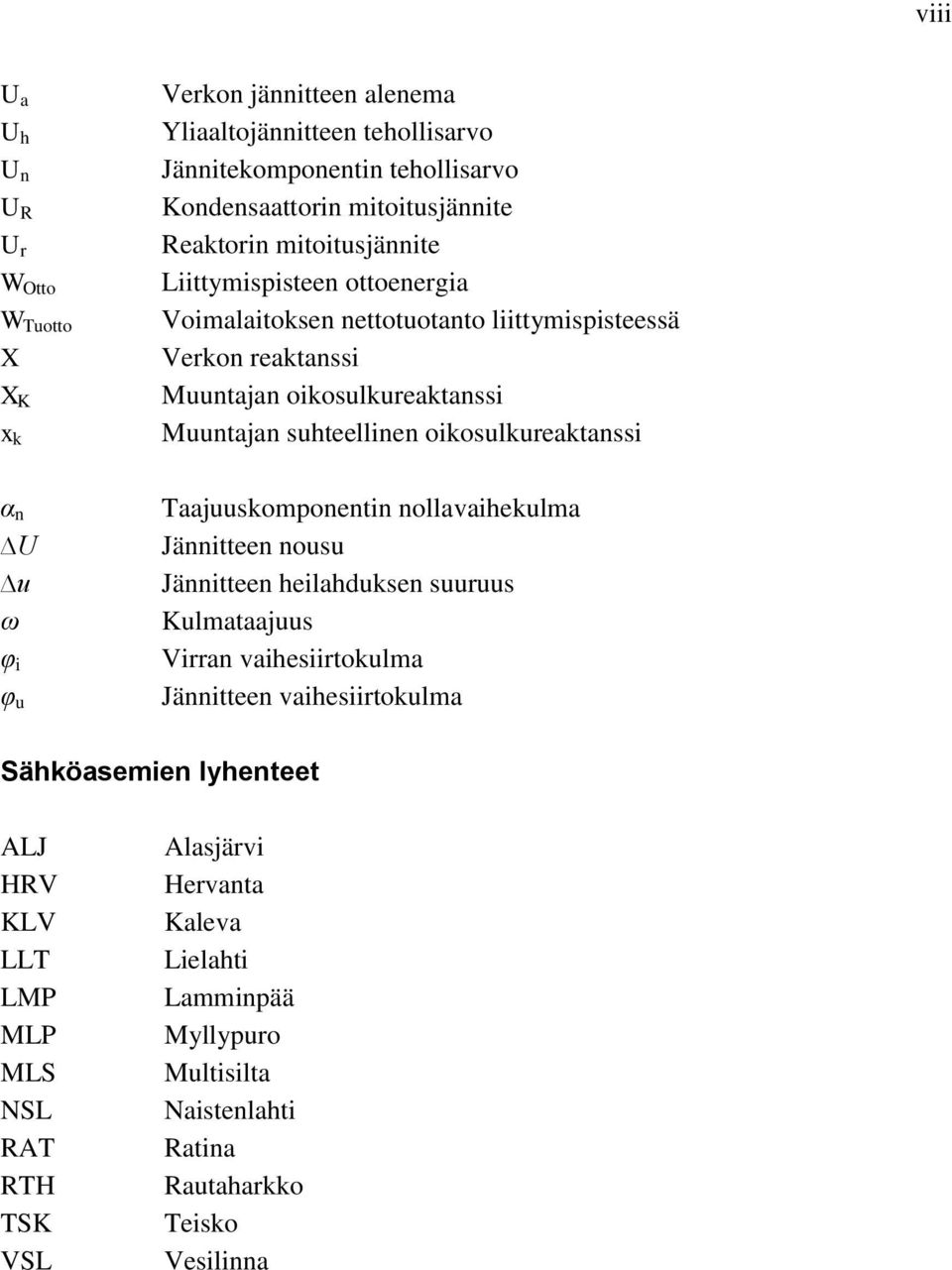 oikosulkureaktanssi α n U u ω φ i φ u Taajuuskomponentin nollavaihekulma Jännitteen nousu Jännitteen heilahduksen suuruus Kulmataajuus Virran vaihesiirtokulma Jännitteen