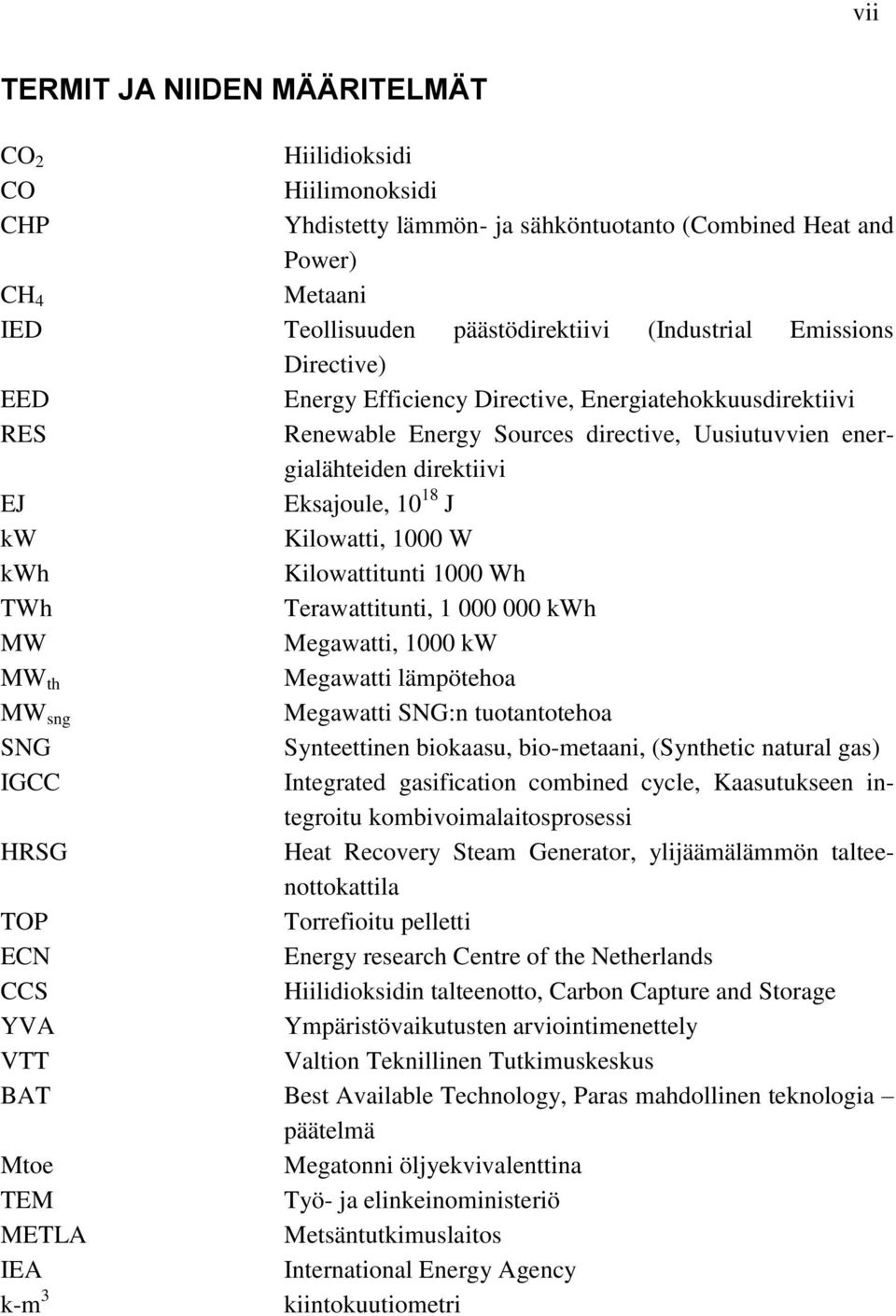 1000 W kwh Kilowattitunti 1000 Wh TWh Terawattitunti, 1 000 000 kwh MW Megawatti, 1000 kw MW th Megawatti lämpötehoa MW sng Megawatti SNG:n tuotantotehoa SNG Synteettinen biokaasu, bio-metaani,