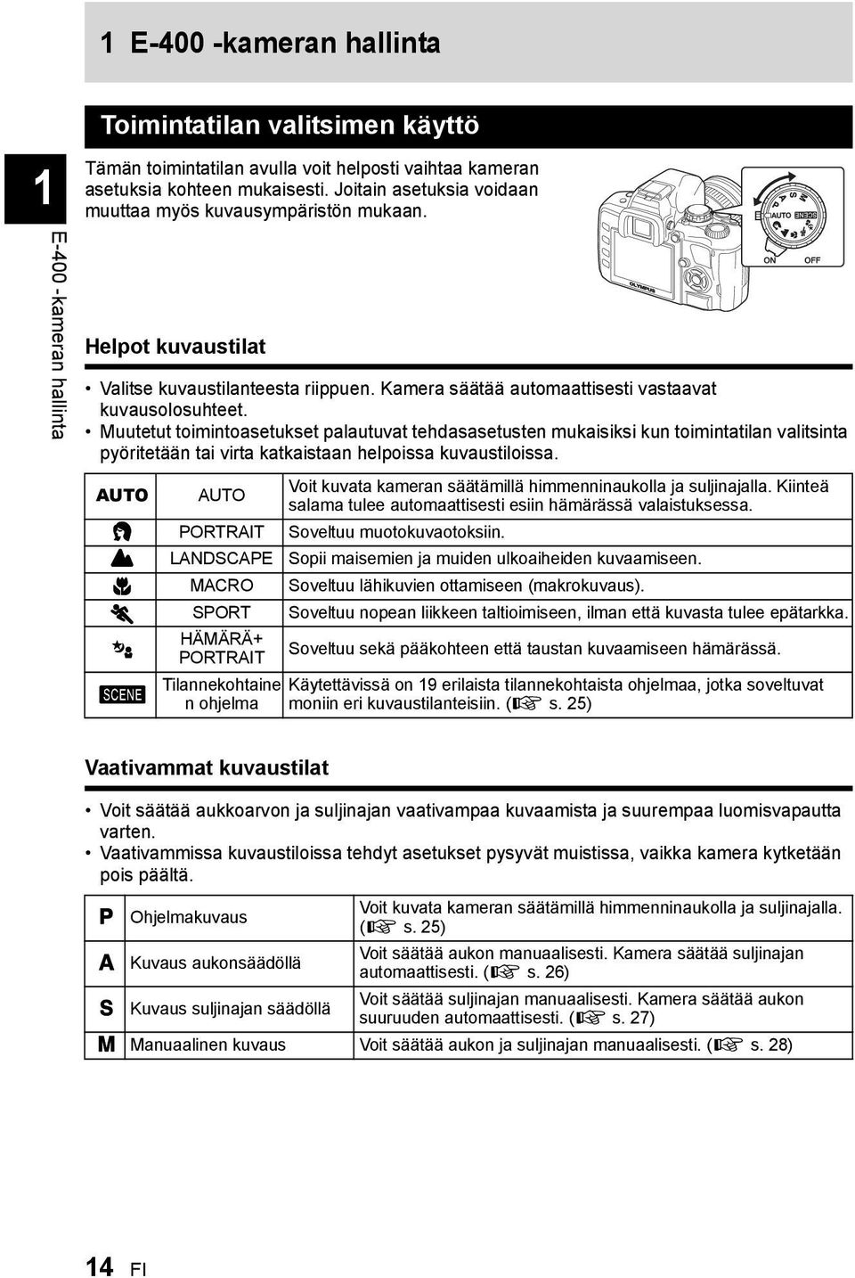 Muutetut toimintoasetukset palautuvat tehdasasetusten mukaisiksi kun toimintatilan valitsinta pyöritetään tai virta katkaistaan helpoissa kuvaustiloissa.