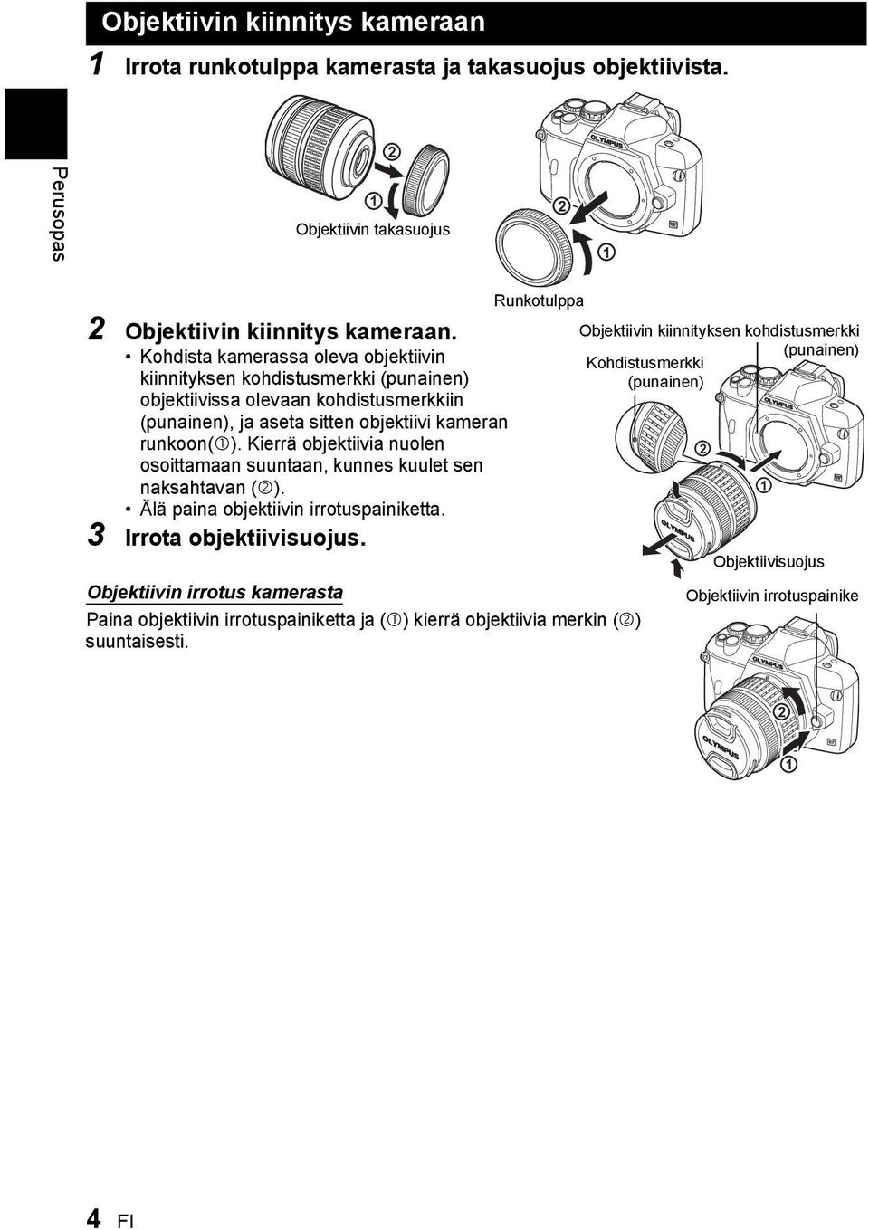 Kierrä objektiivia nuolen osoittamaan suuntaan, kunnes kuulet sen naksahtavan (2). Älä paina objektiivin irrotuspainiketta. 3 Irrota objektiivisuojus.