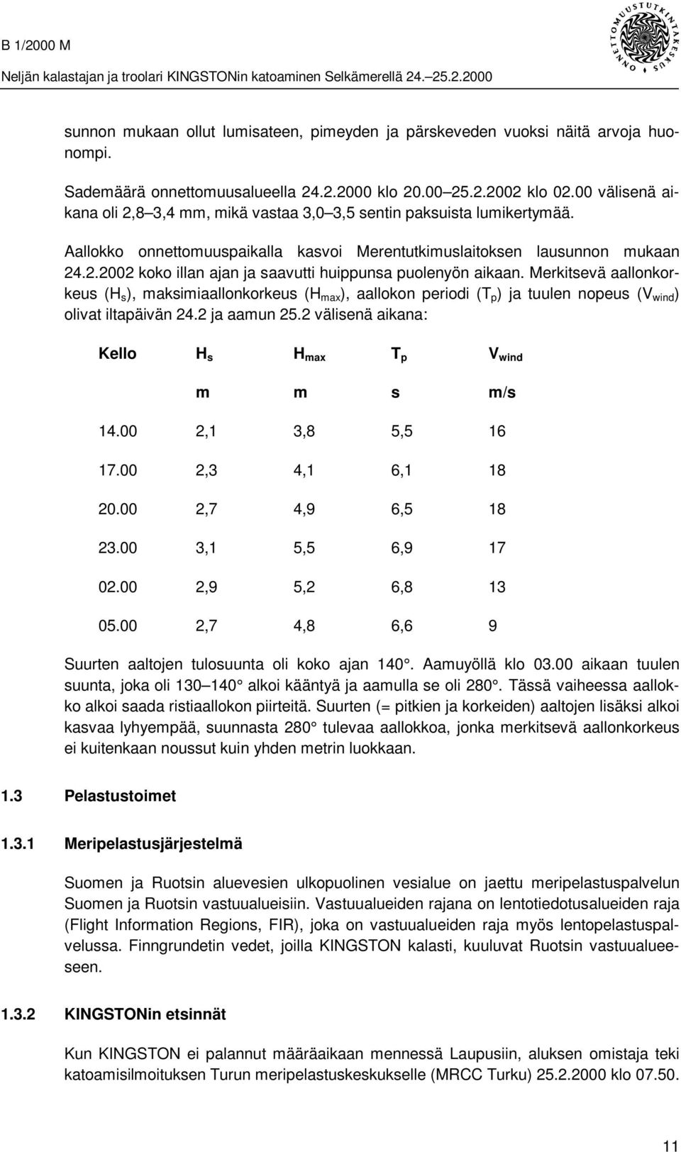 Merkitsevä aallonkorkeus (H s ), maksimiaallonkorkeus (H max ), aallokon periodi (T p ) ja tuulen nopeus (V wind ) olivat iltapäivän 24.2 ja aamun 25.