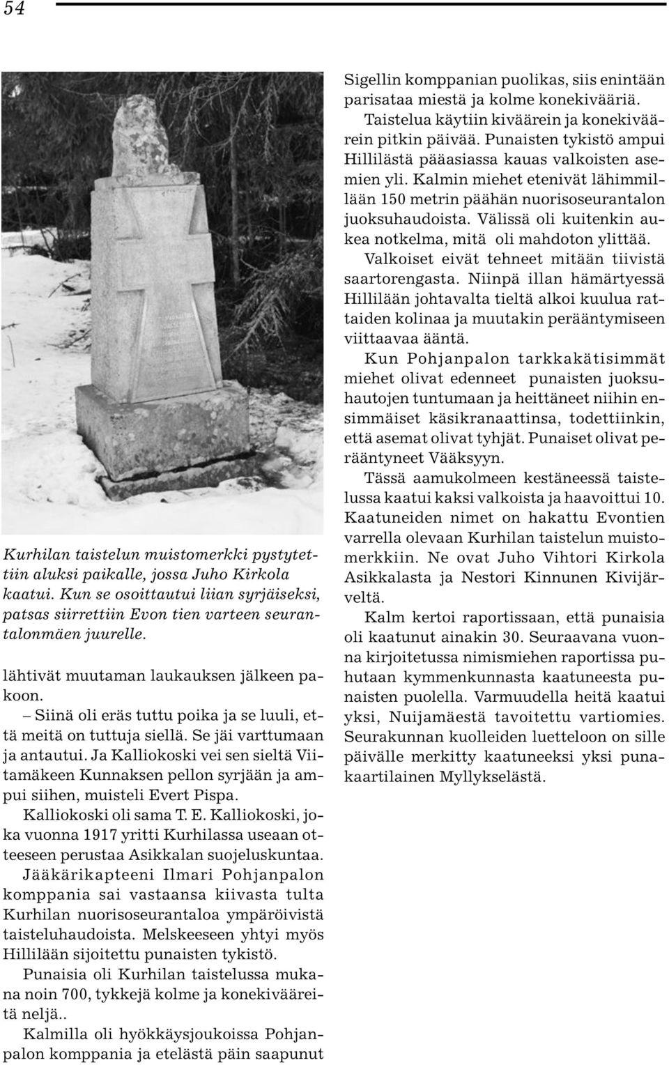 Ja Kalliokoski vei sen sieltä Viitamäkeen Kunnaksen pellon syrjään ja ampui siihen, muisteli Evert Pispa. Kalliokoski oli sama T. E. Kalliokoski, joka vuonna 1917 yritti Kurhilassa useaan otteeseen perustaa Asikkalan suojeluskuntaa.