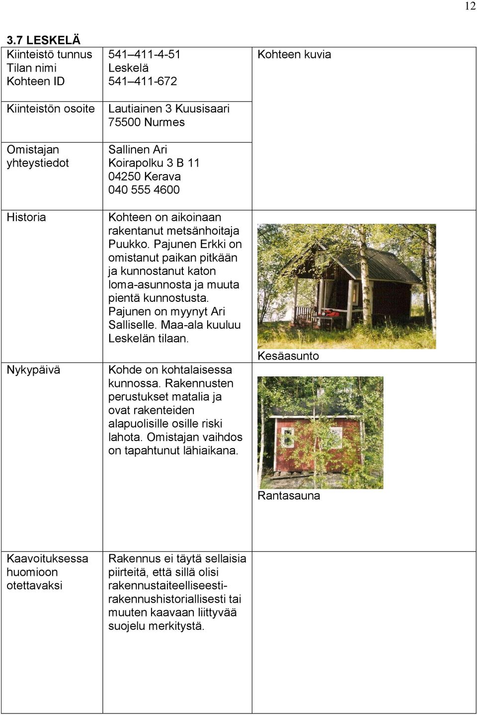 Maa-ala kuuluu Leskelän tilaan. Kohde on kohtalaisessa kunnossa. Rakennusten perustukset matalia ja ovat rakenteiden alapuolisille osille riski lahota.