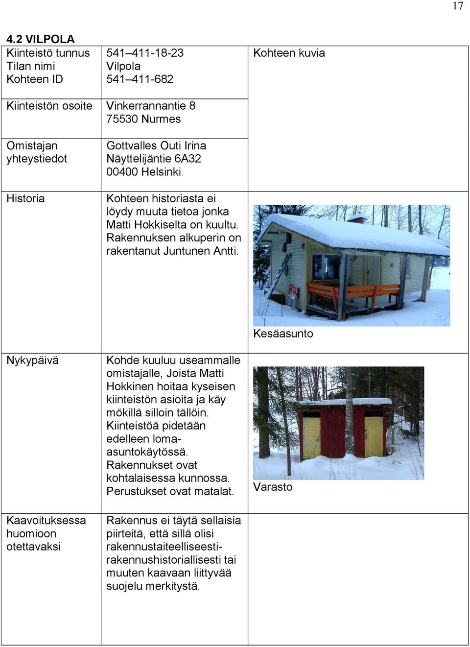 Kohde kuuluu useammalle omistajalle, Joista Matti Hokkinen hoitaa kyseisen kiinteistön asioita ja käy mökillä silloin tällöin.