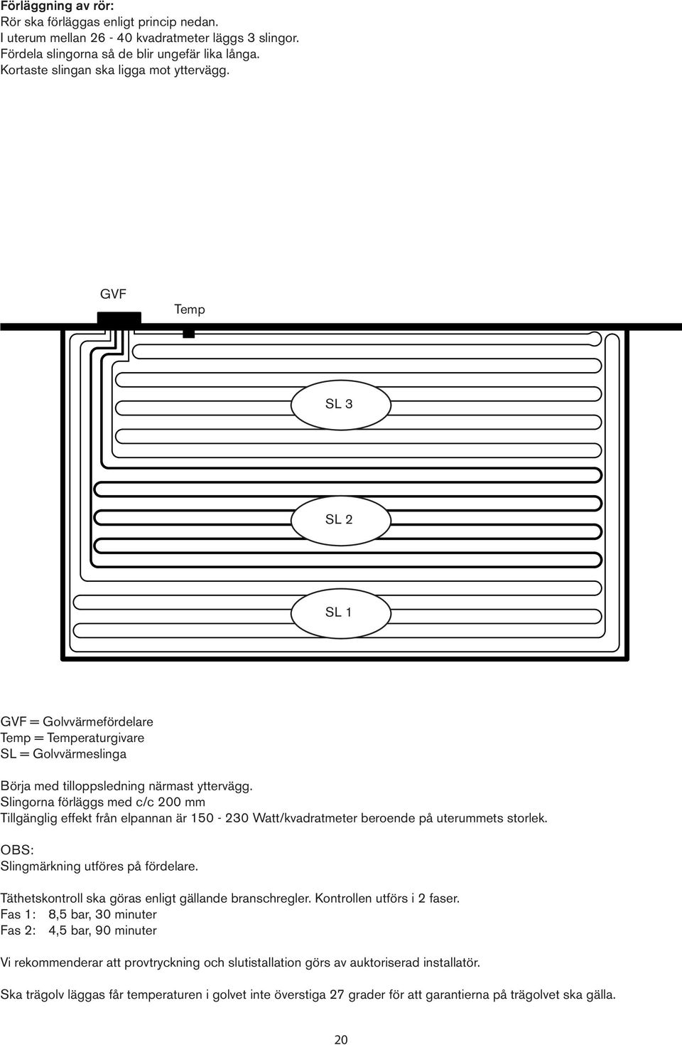 Slingorna förläggs med c/c 200 mm Tillgänglig effekt från elpannan är 150-230 Watt/kvadratmeter beroende på uterummets storlek. OBS: Slingmärkning utföres på fördelare.