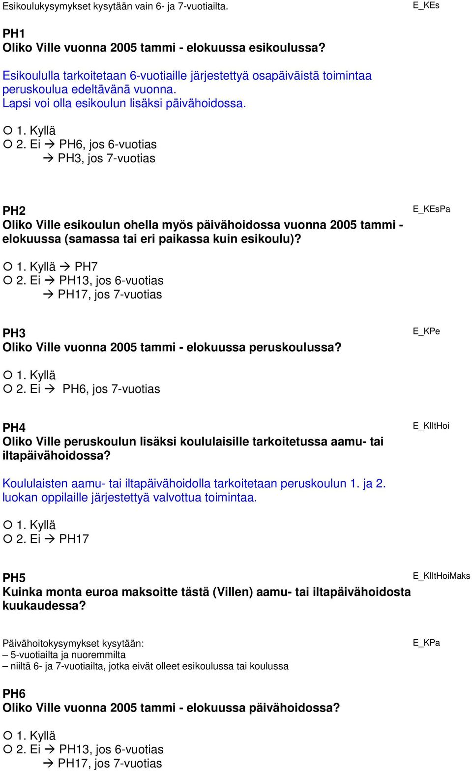 PH6, jos 6-vuotias PH3, jos 7-vuotias PH2 Oliko Ville esikoulun ohella myös päivähoidossa vuonna 2005 tammi - elokuussa (samassa tai eri paikassa kuin esikoulu)?