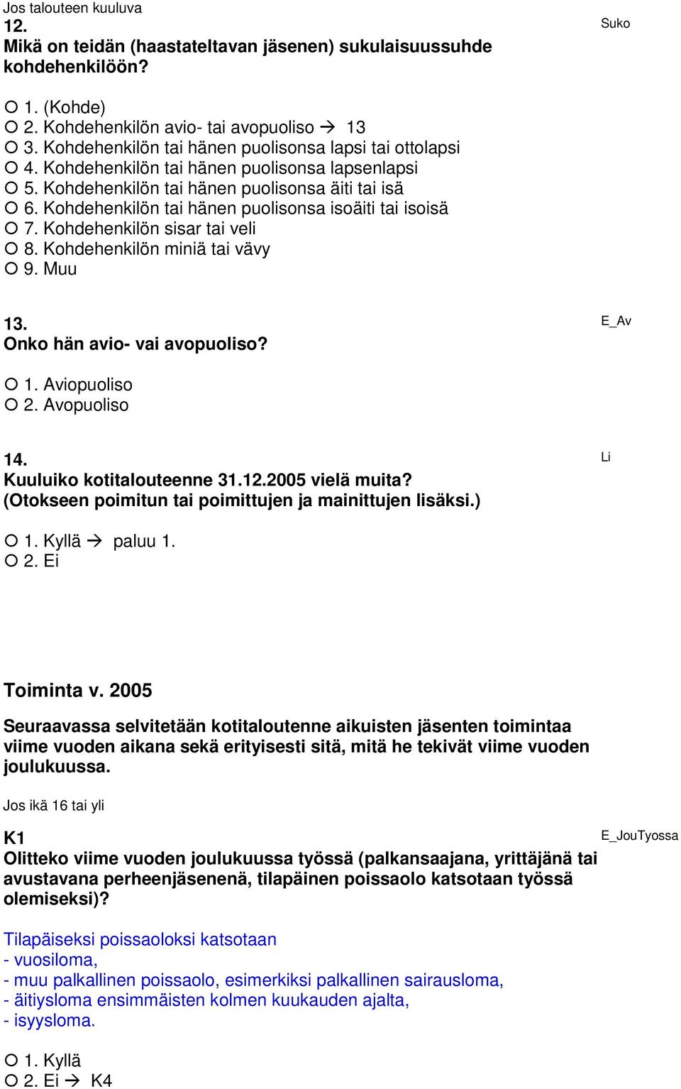 Kohdehenkilön tai hänen puolisonsa isoäiti tai isoisä 7. Kohdehenkilön sisar tai veli 8. Kohdehenkilön miniä tai vävy 9. Muu 13. Onko hän avio- vai avopuoliso? E_Av 1. Aviopuoliso 2. Avopuoliso 14.