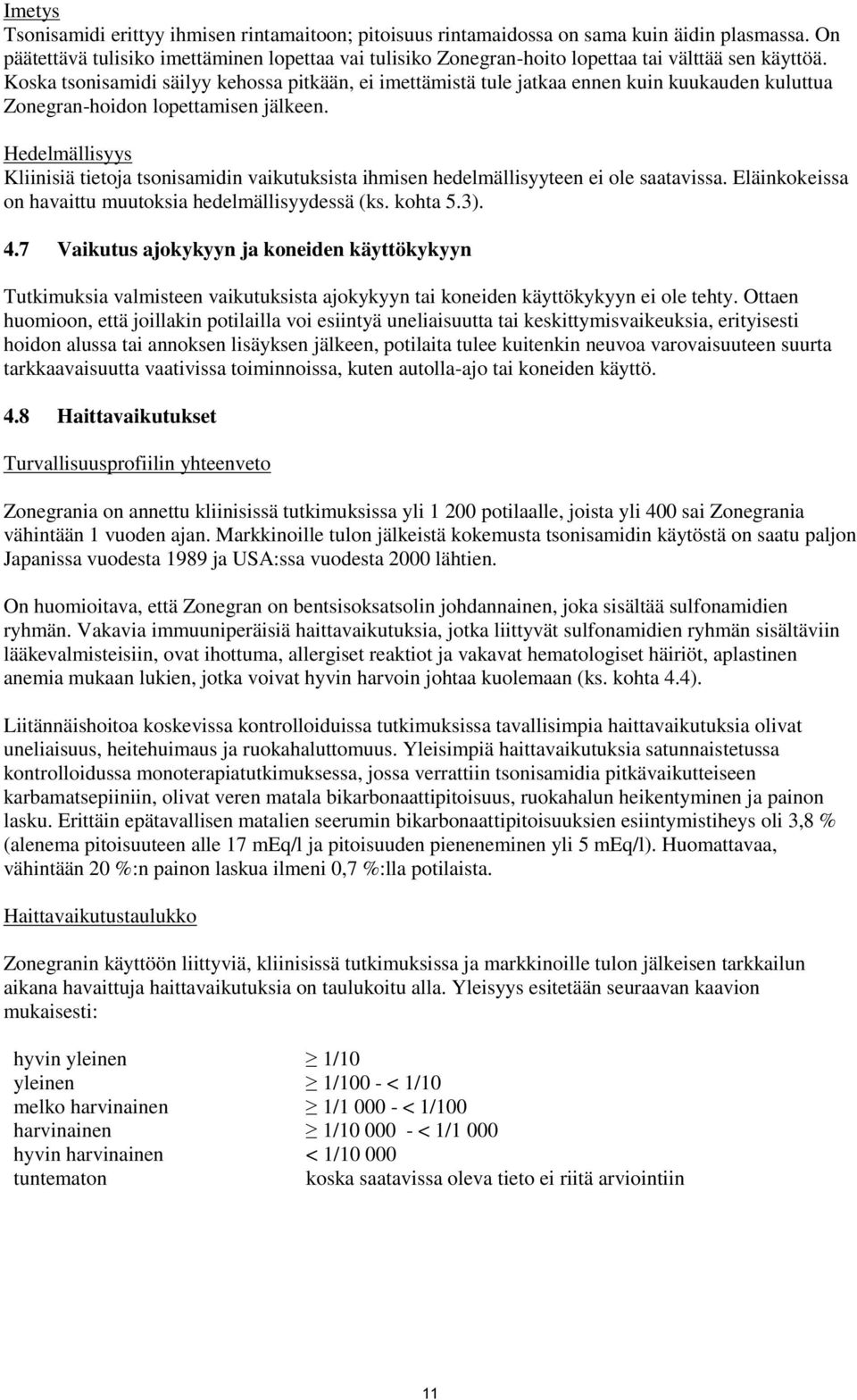 Koska tsonisamidi säilyy kehossa pitkään, ei imettämistä tule jatkaa ennen kuin kuukauden kuluttua Zonegran-hoidon lopettamisen jälkeen.